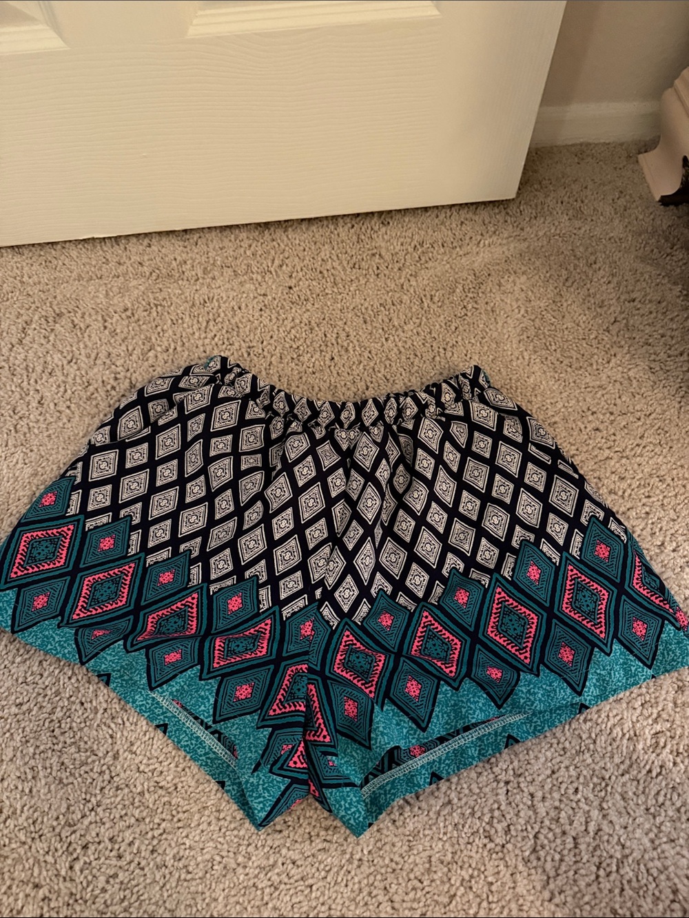 Peach Love California Black, Teal & Pink Patterned Elastic Waist Shorts
